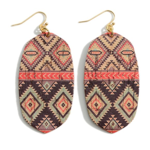 New 1 Pair Aztec Print Cork Teardrop Earrings-Peach - Picture 1 of 2